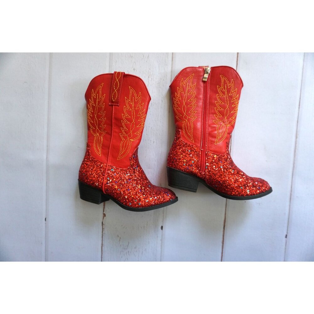 Cowboy Boots Red Glitter w/ Embroidered Design Western Style - Size 12 - Picture 3 of 13